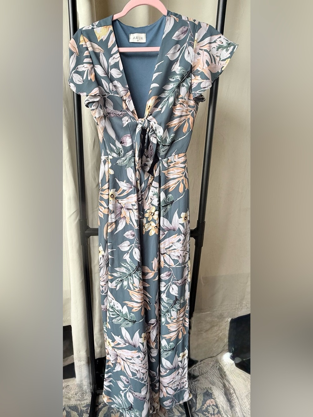 Aura Slate Blue Floral Tie-Front Maxi Dress